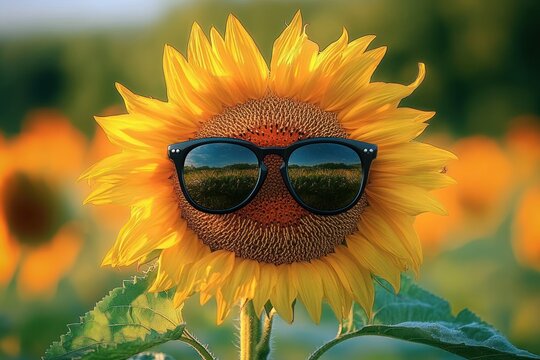 close-up bright sunflower wearing black sunglasses reflecting a meadow, green leaves and stem with blurred sunflower field, playful cheerful summer vibe - Powered by Adobe