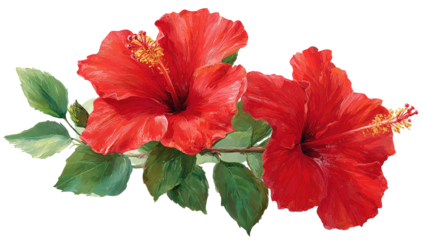 Two vibrant red hibiscus flowers with green leaves on a branch