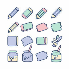 Colorful Stationery Icons Pencils Erasers Paint Jars and Brush.