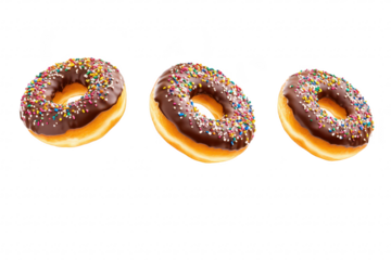 Three delicious chocolate-covered donuts with colorful sprinkles arranged in a row against a clean white background. perfect for dessert promotions or bakery advertisements