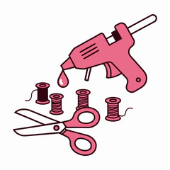Crafting Tools Illustration Glue Gun Scissors and Thread Spools.