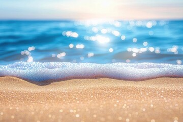 Obraz premium sunlit sandy beach with gentle foamy wave lapping golden sand and sparkling blue sea under a pastel sky, evoking calm and serenity