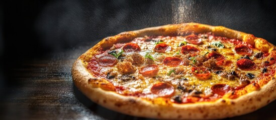 Mouthwatering steaming pepperoni and sausage pizza with melted cheese, fresh basil and olives as seasoning is sprinkled over a golden crispy crust