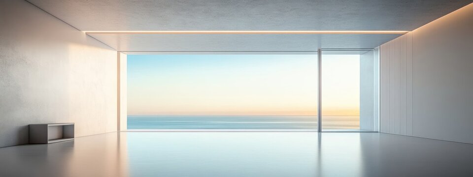 Minimalist empty modern interior with polished reflective floor, slim recessed ceiling light, small bench and expansive floor-to-ceiling window framing a calm ocean horizon at sunrise, serene mood - Powered by Adobe