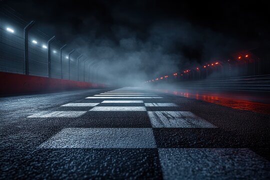 Empty wet race track finish line at night with large checkered markings, glowing fence and red safety lights, drifting mist and a tense moody atmosphere