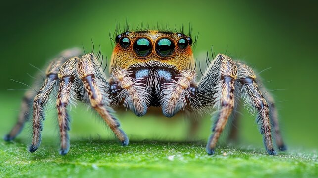 Macro close-up of a furry orange and brown jumping spider with large reflective eyes on a green leaf, appearing curious and alert