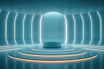 Glowing blue minimal chamber with concentric illuminated circular steps and central round platform beneath an arched backlit wall, evoking calm futuristic serenity