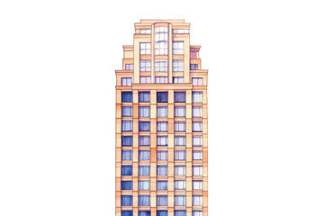 A tall. modern building with a symmetrical facade featuring multiple windows. situated against a plain background. illustrating urban architecture for real estate or design use