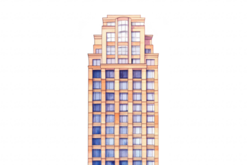 A tall. modern building with a symmetrical facade featuring multiple windows. situated against a plain background. illustrating urban architecture for real estate or design use