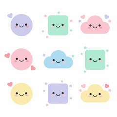 Cute Pastel Shapes with Smiling Faces and Hearts.