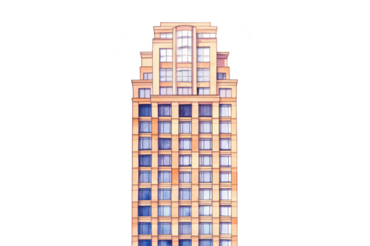 A tall. modern building with a symmetrical facade featuring multiple windows. situated against a plain background. illustrating urban architecture for real estate or design use