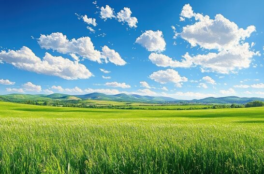 Expansive sunlit green meadow with rolling hills under a vibrant blue sky dotted with fluffy white clouds, evoking calm, peace and wide open serenity - Powered by Adobe