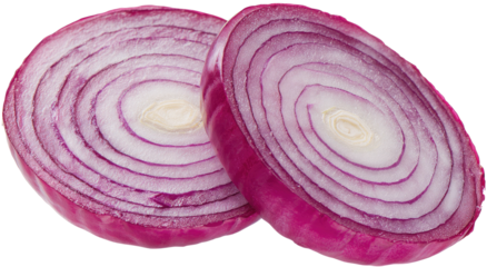 Two vibrant red onion slices with concentric rings on white