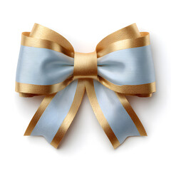 Blue ribbon on white background. Top view of bow