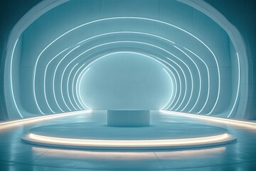 Obraz premium Empty minimalist curved interior with central circular platform and glowing concentric neon arches, teal ambient lighting, symmetrical futuristic serene atmosphere