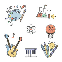 Diverse Educational Icons Representing Art Science Music and Sports.
