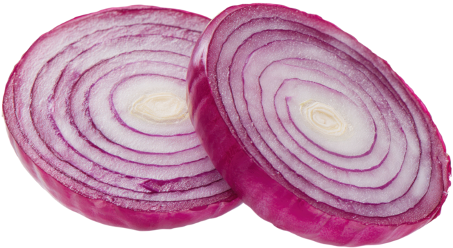 Two vibrant red onion slices with concentric rings on white