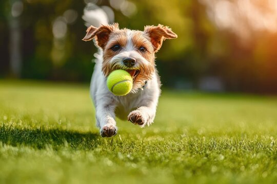 energetic small terrier joyfully running across sunlit green grass toward the camera with a yellow tennis ball in its mouth, ears flapping and paws midair