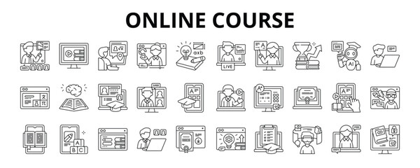 30 Online Course Line Icons Vector - Remote Study, Smart Learning, Live Lesson, AI Education, Virtual Exam, E-book, Learning App 