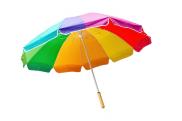 A vibrant. multicolored beach umbrella stands upright on a sandy shore. casting a playful shadow under the bright sun. inviting relaxation and summer fun for beachgoers