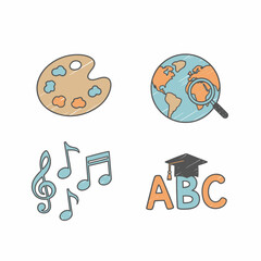 Educational Icons Representing Arts Geography Music and Academics in a Colorful Illustration.