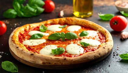 A vibrant Margherita pizza atop a round wooden board, garnished with fresh basil against a dark, speckled background
