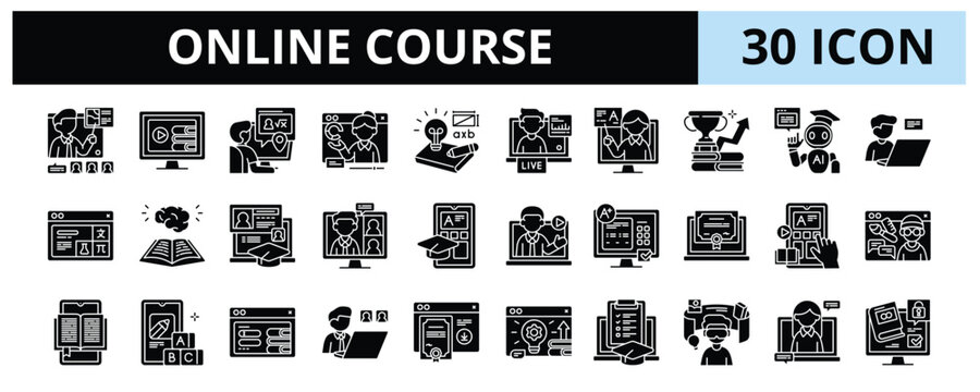 30 Online Course Glyph Icons Vector - Remote Study, Smart Learning, Live Lesson, AI Education, Virtual Exam, E-book, Learning App 
