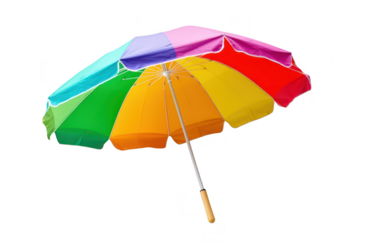 A vibrant. multicolored beach umbrella stands upright on a sandy shore. casting a playful shadow under the bright sun. inviting relaxation and summer fun for beachgoers