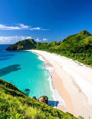 Aerial view of a bright tropical beach with lush green hills under a blue sky, creating a vibrant coastal scene