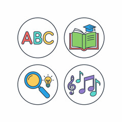 Educational Icons Set Alphabet Book Magnifying Glass and Music Notes.