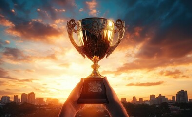 Hands holding a golden trophy aloft above a city skyline at sunrise with dramatic clouds, glowing light and a triumphant feeling of victory and achievement