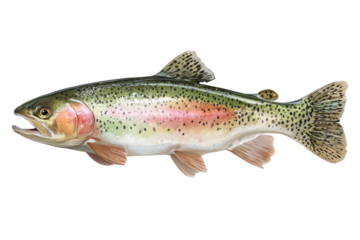 Colorful rainbow trout swims with mouth open, detailed scales and fins