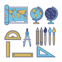 Educational Tools and World Map Illustration for Learning and Geography.