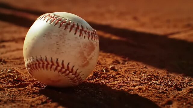 Baseball on red dirt field.