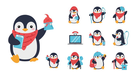 Cute cartoon penguins in various poses Vector set for design projects and illustrations
