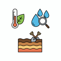 Icons representing temperature water and soil analysis for environmental studies.