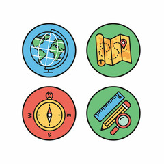 Geography and Exploration Icons Globe Map Compass and Tools.