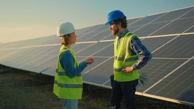 Experts discussing solar panel installation at a renewable energy site in the afternoon hours