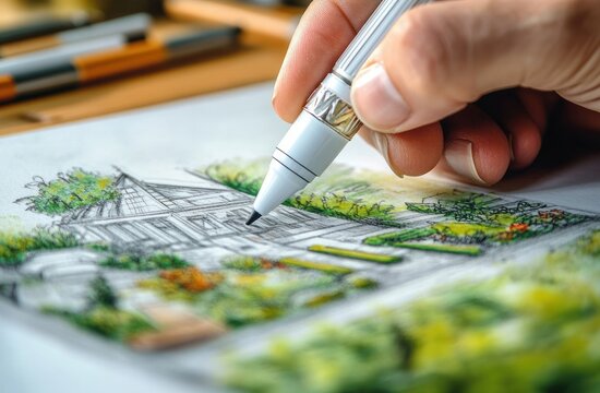 close-up of a hand drawing a colorful house and garden sketch with a white pen showing focused calm creativity and attention to detail