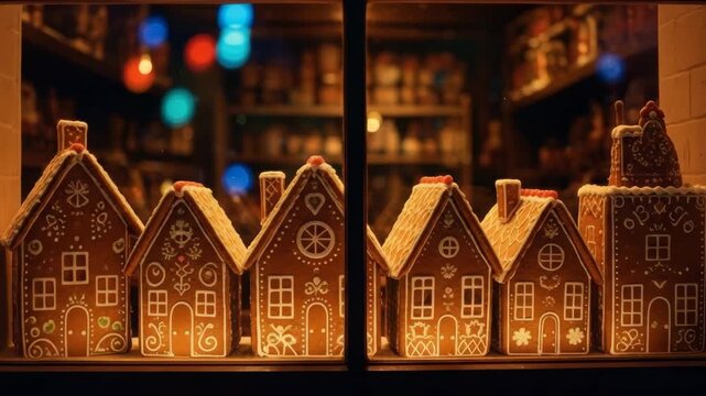 Christmas gingerbread house village displayed in a cozy bakery window at night. Festive holiday sweets and traditional decorations for a warm seasonal atmosphere and celebration