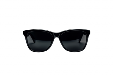 A pair of stylish black sunglasses positioned centrally on a clean. white background. their sleek design. ideal for fashion and accessory marketing