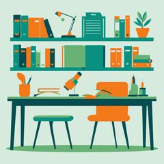 Illustration of a study room with desk chair and bookshelves.