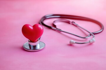 red heart on a stethoscope chestpiece on a soft pink background conveying care compassion and heart health