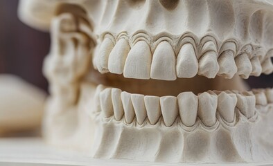 Close-up view of a pale anatomical skull model showing upper and lower teeth and dental arches, clinical and slightly eerie mood