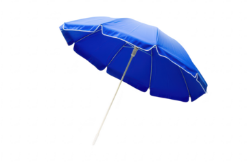 A blue beach umbrella tilted slightly against a plain white background. symbolizing summer relaxation and outdoor activities. suitable for travel and leisure themes