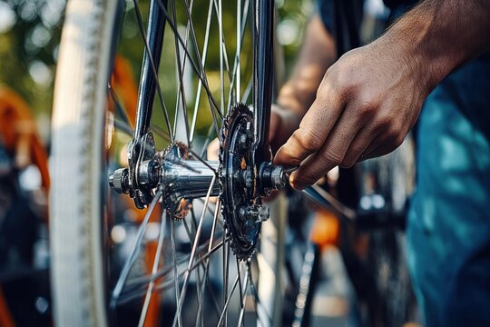 close-up of hands carefully repairing a bicycle wheel hub and gear sprocket showing focused maintenance and manual work outdoors