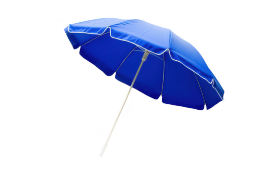 A blue beach umbrella tilted slightly against a plain white background. symbolizing summer relaxation and outdoor activities. suitable for travel and leisure themes