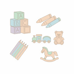 Pastel Toy Collection Blocks Crayons Train and More.