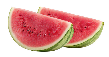 Two juicy watermelon slices with seeds, on a transparent background