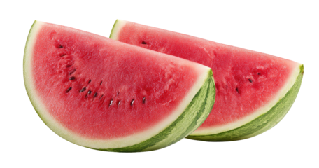 Two juicy watermelon slices with seeds, on a transparent background